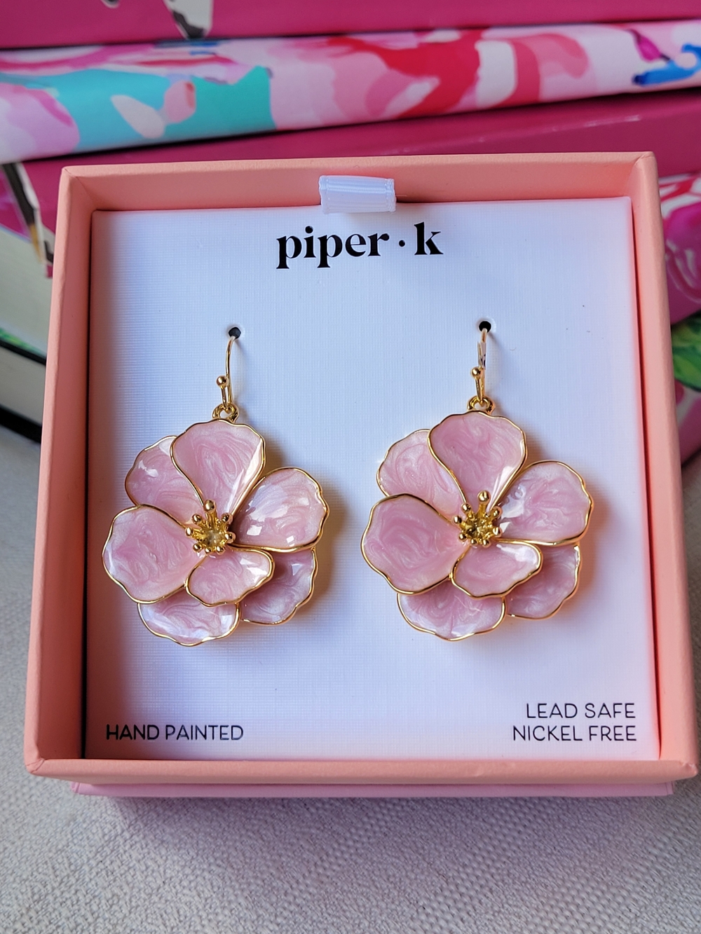 Piper K Gold-Trim Pink Floral Enamel Drop Earrings